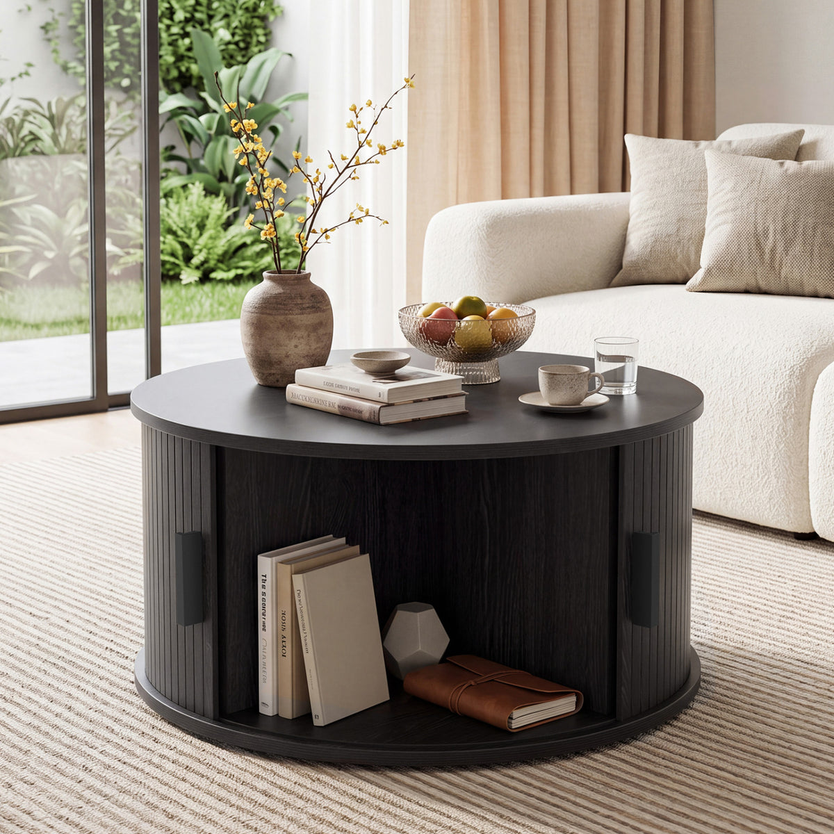 Round Coffee Table with Sliding Tambour Door Storage