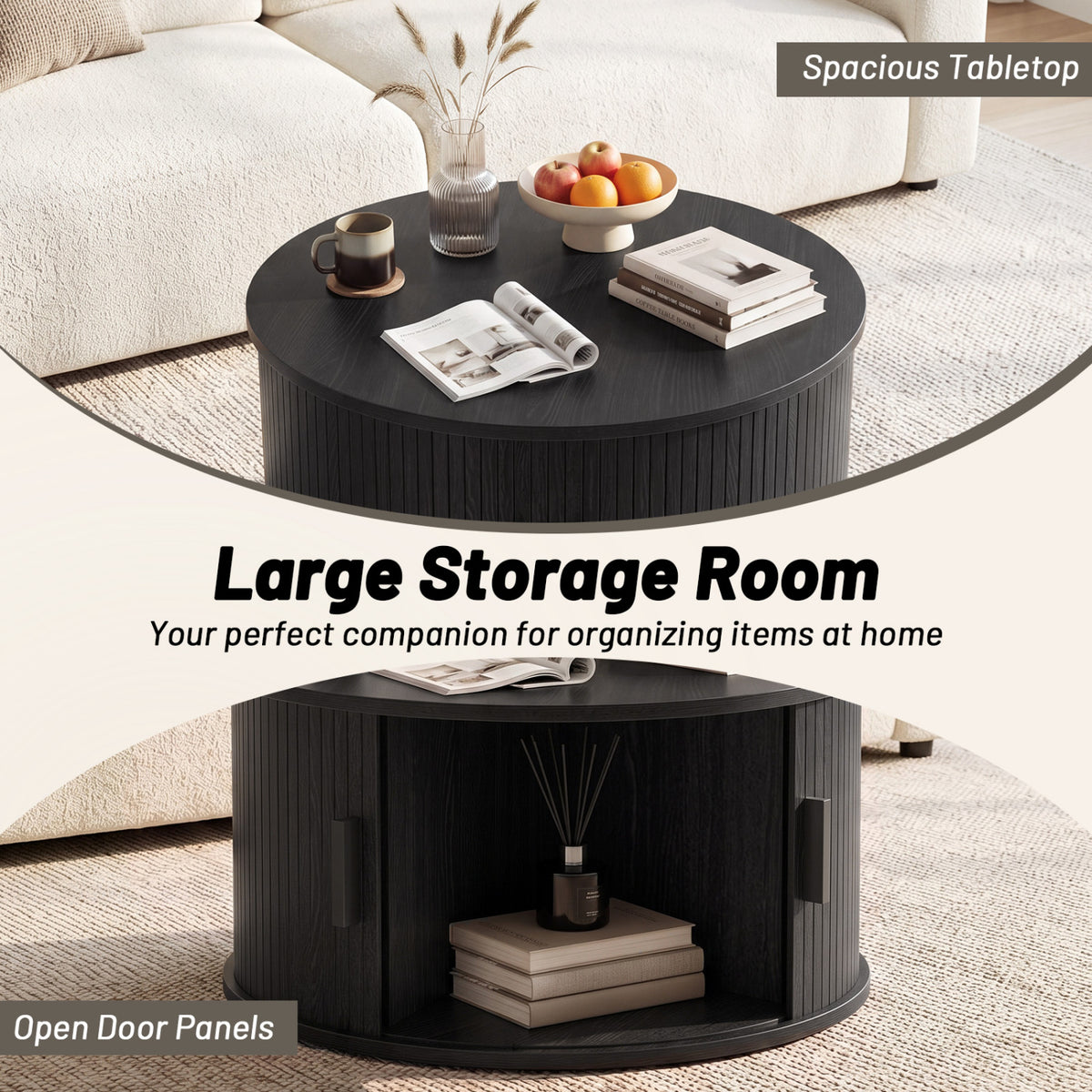 Round Coffee Table with Sliding Tambour Door Storage