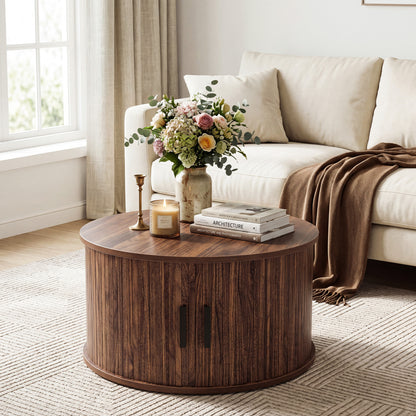 Round Coffee Table with Sliding Tambour Door Storage