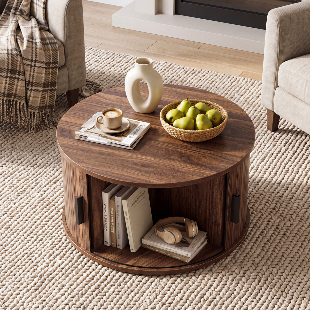 Round Coffee Table with Sliding Tambour Door Storage