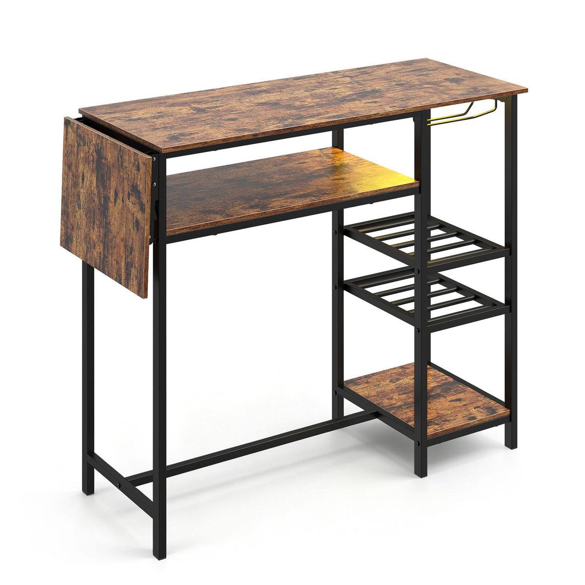 55" Drop-Leaf Counter Height Bar Table with LED Light and Remote Control for Small Space-Rustic Brown