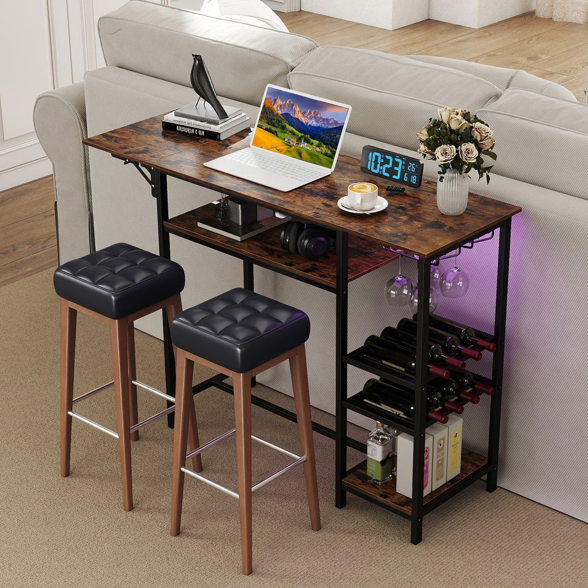 55" Drop-Leaf Counter Height Bar Table with LED Light and Remote Control for Small Space-Rustic Brown