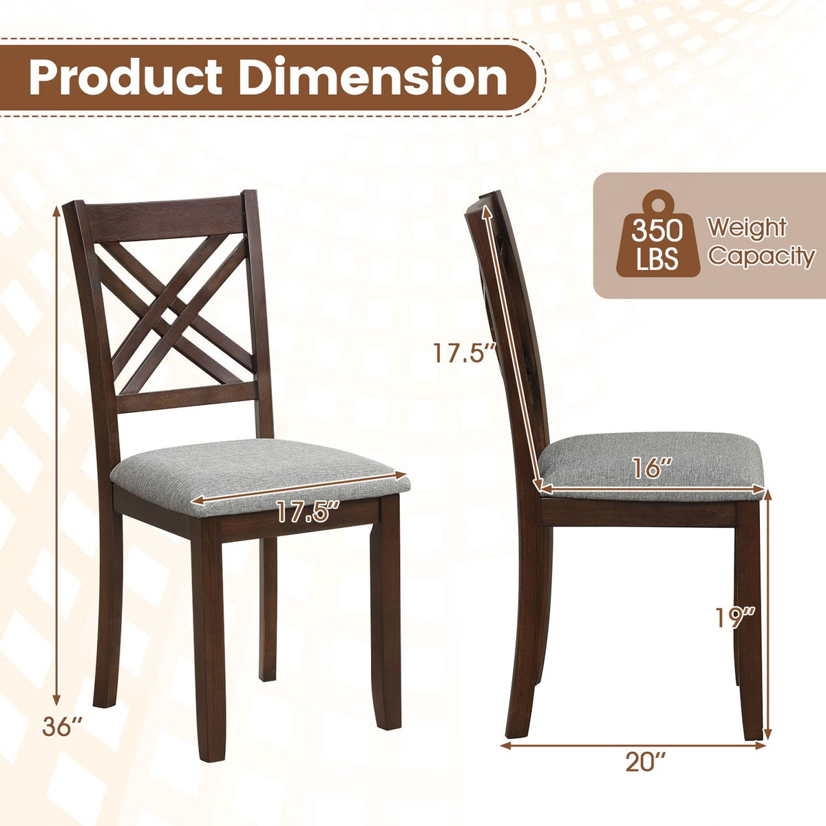 Wooden Dining Chairs Set of 2 with Fabric Padded Seat and Solid Rubber Wood for Kitchen