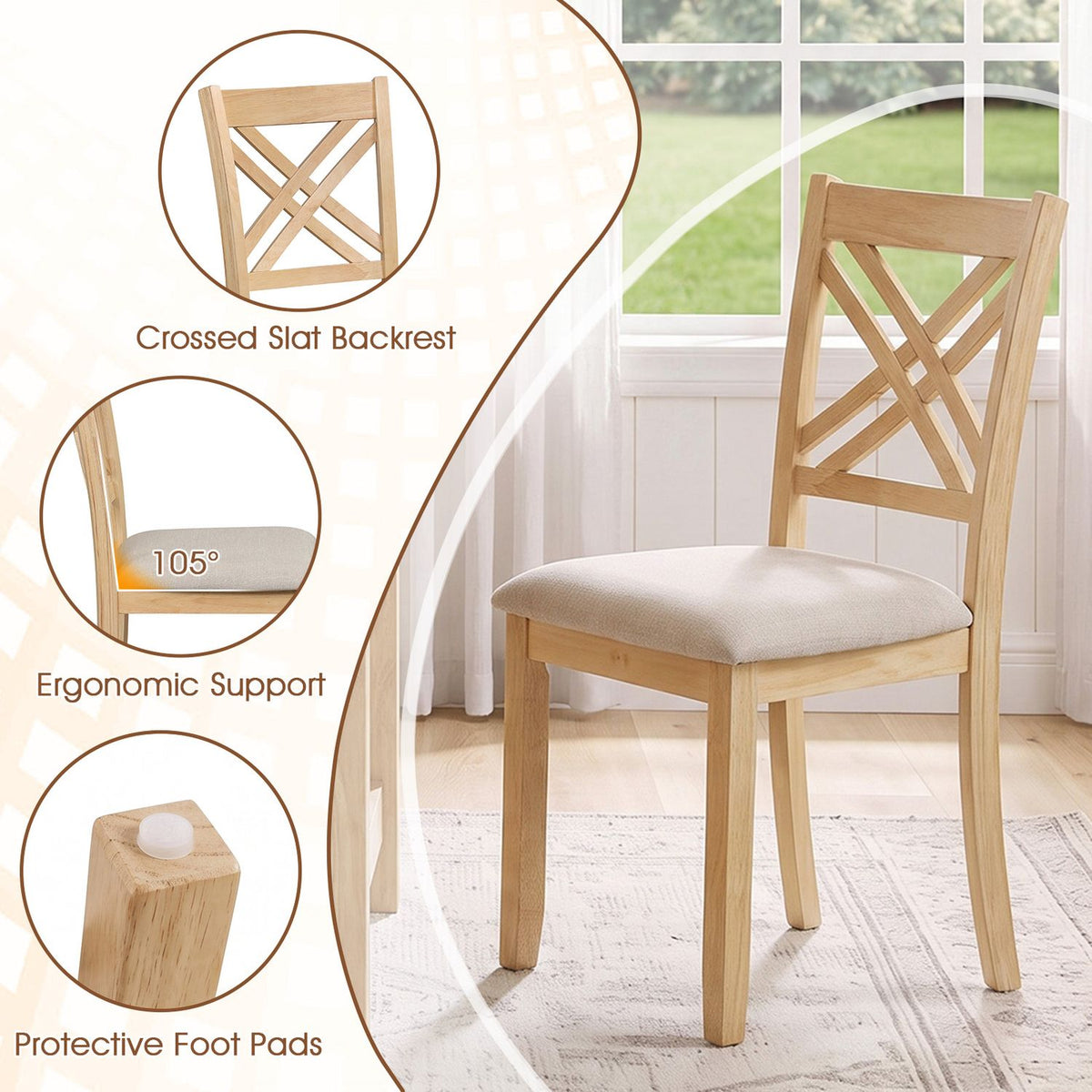 Wooden Dining Chairs Set of 2 with Fabric Padded Seat and Solid Rubber Wood for Kitchen