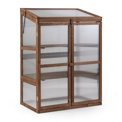 Fir Wood Greenhouse Cabinet with Transparent Flip-Top Roof and 2-Door Plants Shelf Protection