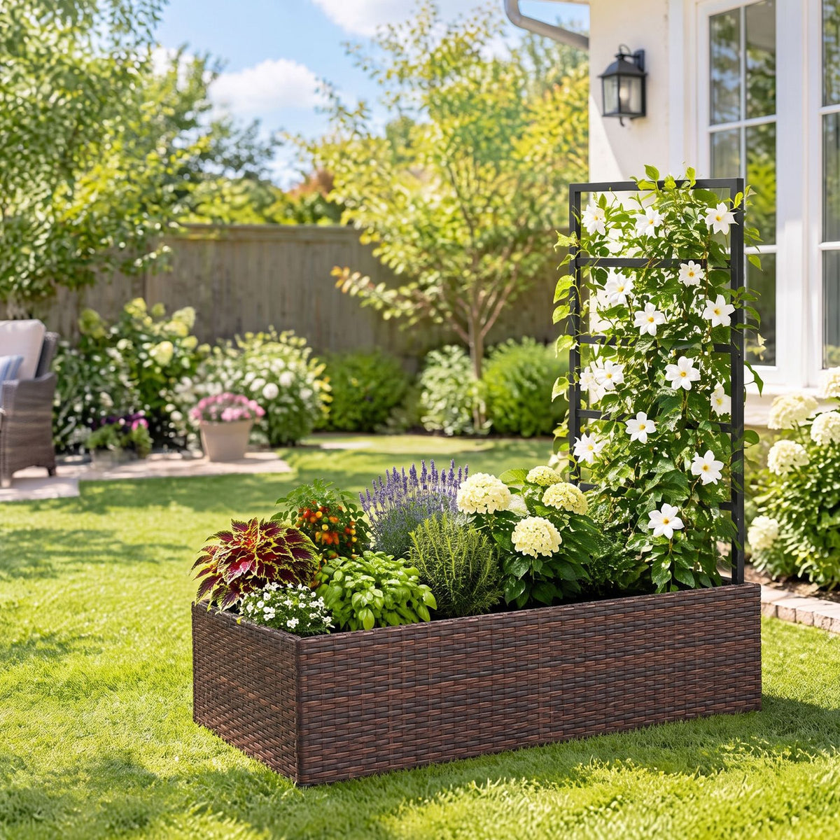 Rattan Raised Garden Bed with Trellis and Open-Ended Base for Patio Backyard Balcony-Brown