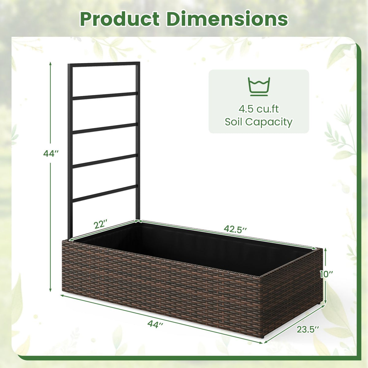 Rattan Raised Garden Bed with Trellis and Open-Ended Base for Patio Backyard Balcony-Brown