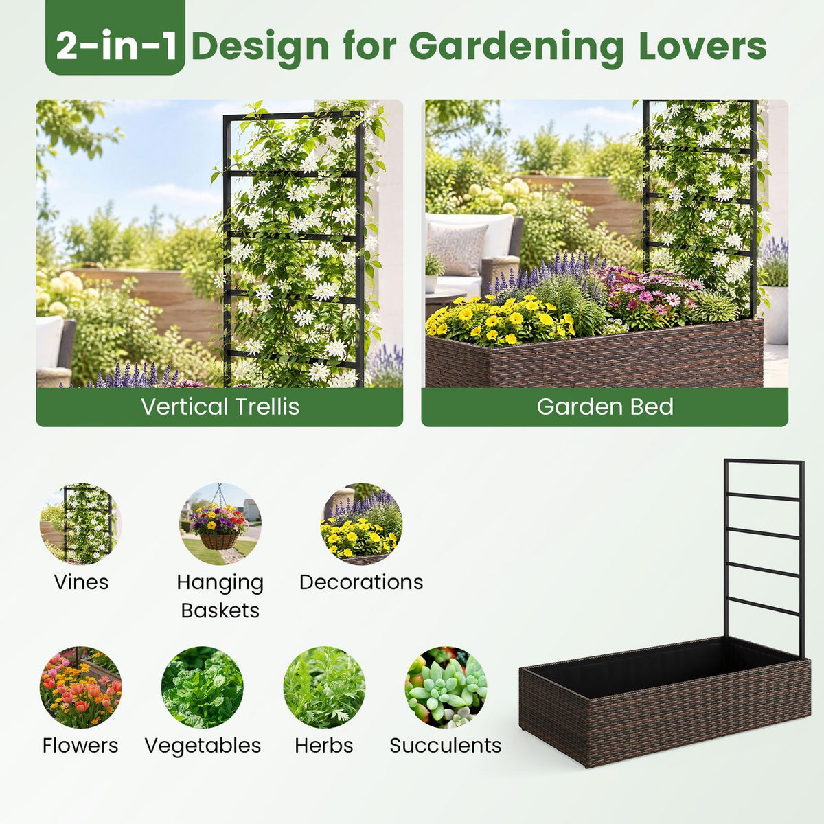 Rattan Raised Garden Bed with Trellis and Open-Ended Base for Patio Backyard Balcony-Brown