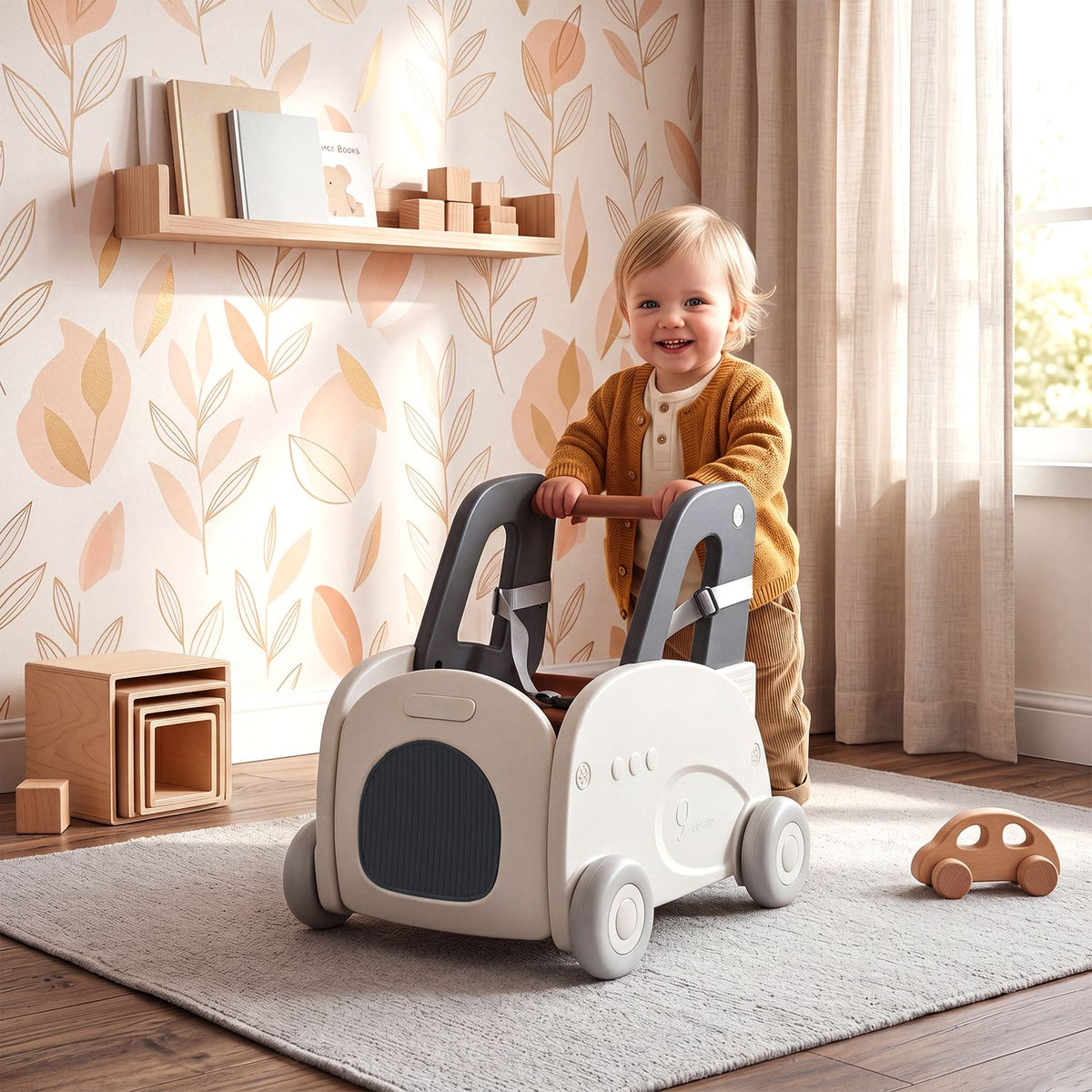4-in-1 Baby Car Shape Toddler Toy Box with Wheels and Tip-up Seat