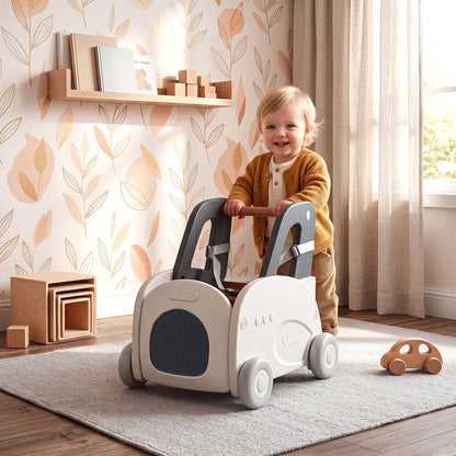 4-in-1 Baby Car Shape Toddler Toy Box with Wheels and Tip-up Seat
