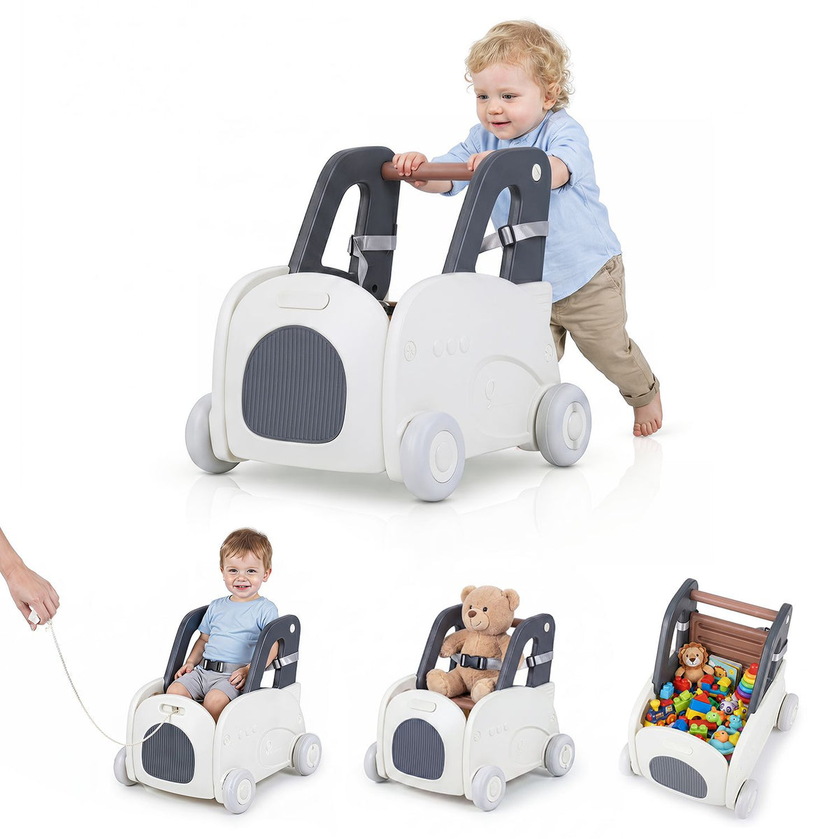 4-in-1 Baby Car Shape Toddler Toy Box with Wheels and Tip-up Seat