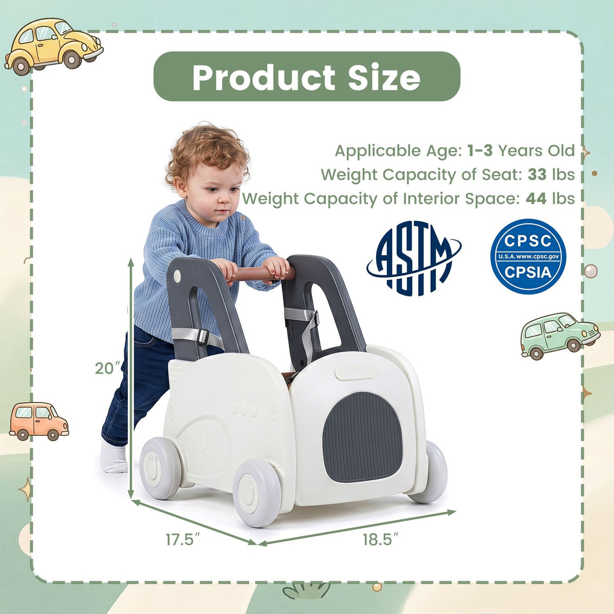 4-in-1 Baby Car Shape Toddler Toy Box with Wheels and Tip-up Seat