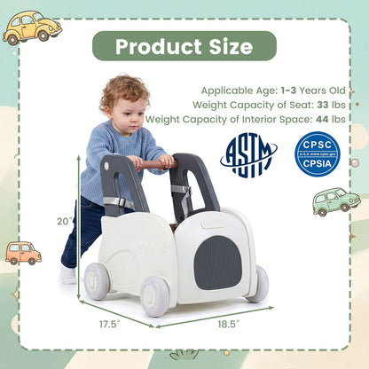 4-in-1 Baby Car Shape Toddler Toy Box with Wheels and Tip-up Seat