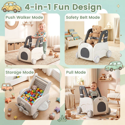 4-in-1 Baby Car Shape Toddler Toy Box with Wheels and Tip-up Seat