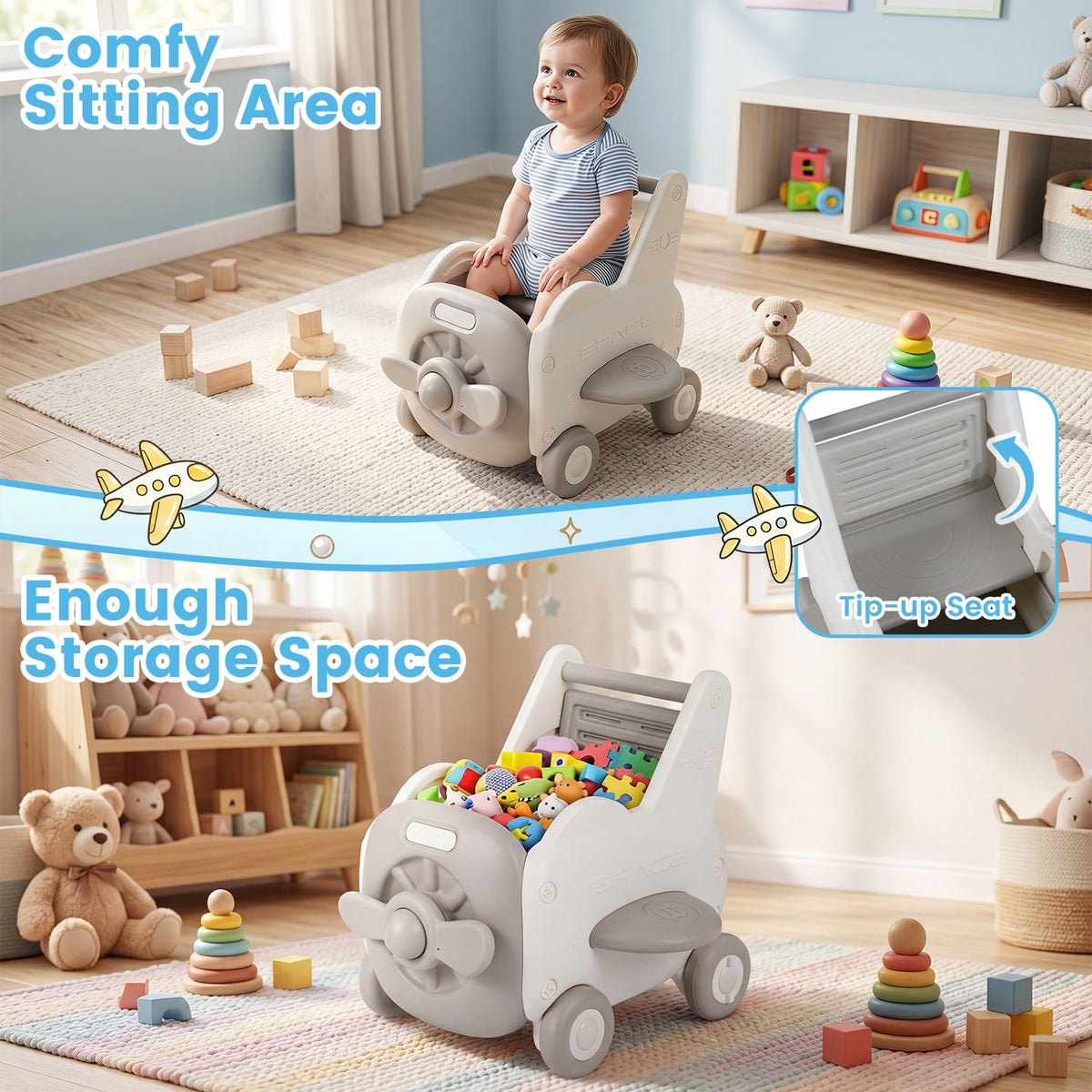 3-in-1 Baby Airplane Shape Toddler Toy Box with Wheels and Tip-up Seat