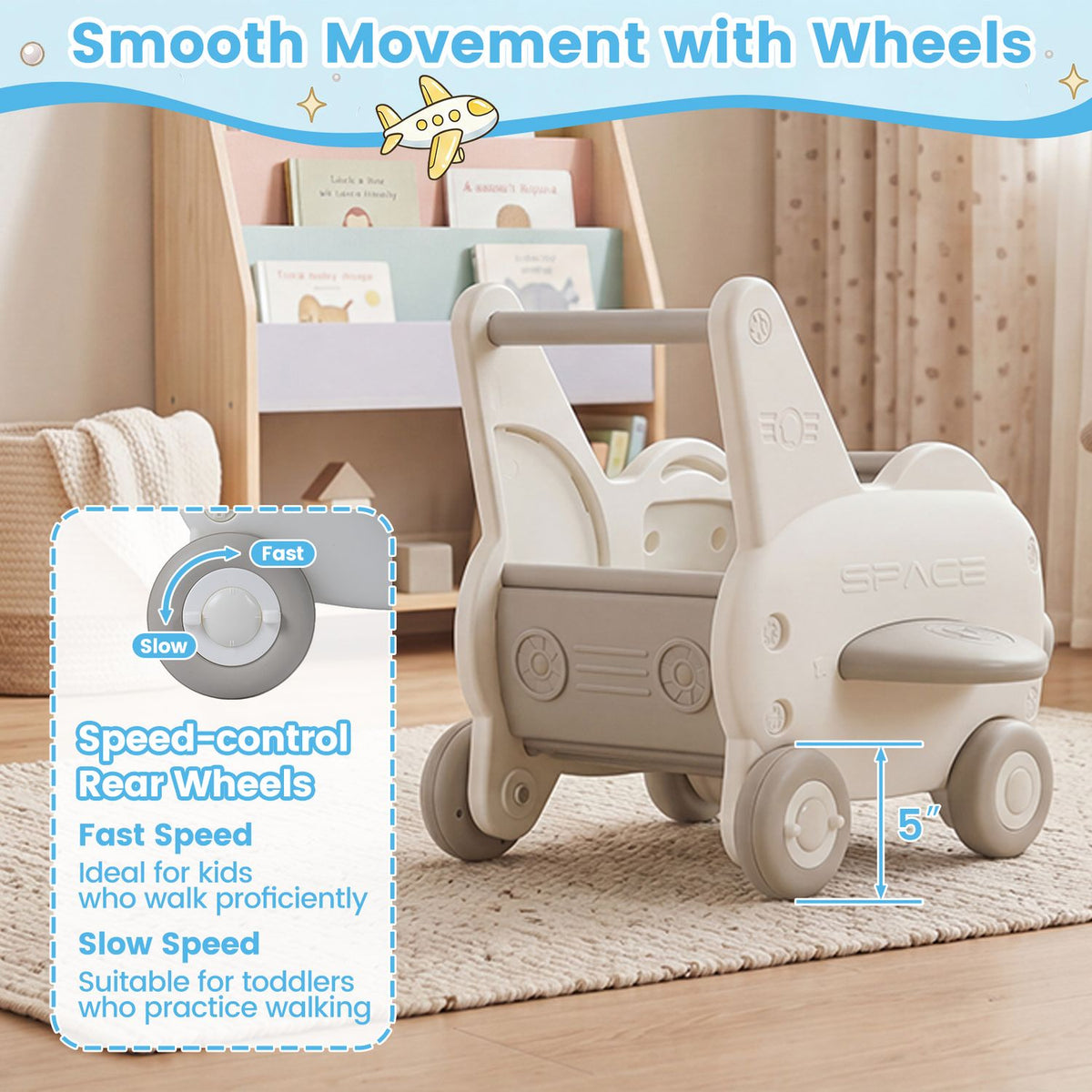 3-in-1 Baby Airplane Shape Toddler Toy Box with Wheels and Tip-up Seat