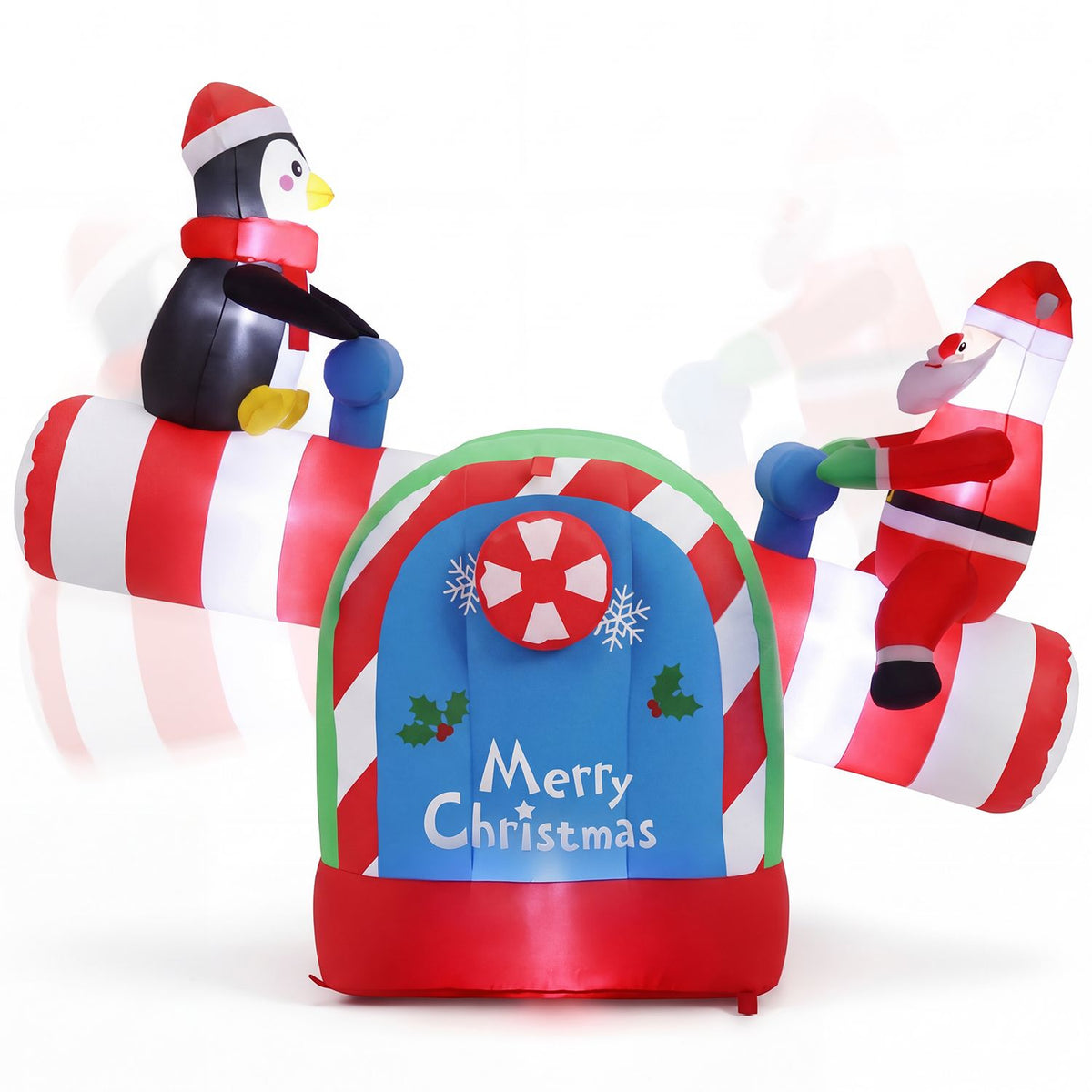 5.1 FT Inflatable Christmas Santa and Penguin Seesaw with LED Lights for Garden