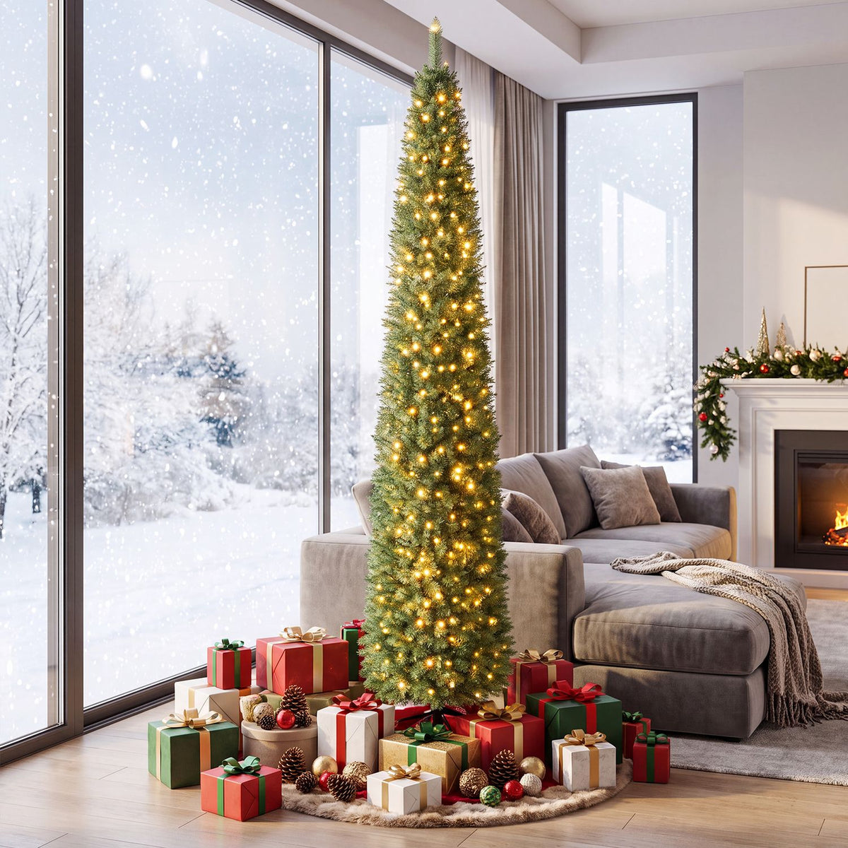 9 Feet Pre-lit Pencil Artificial Christmas Tree with 1032 Full Branch Tips