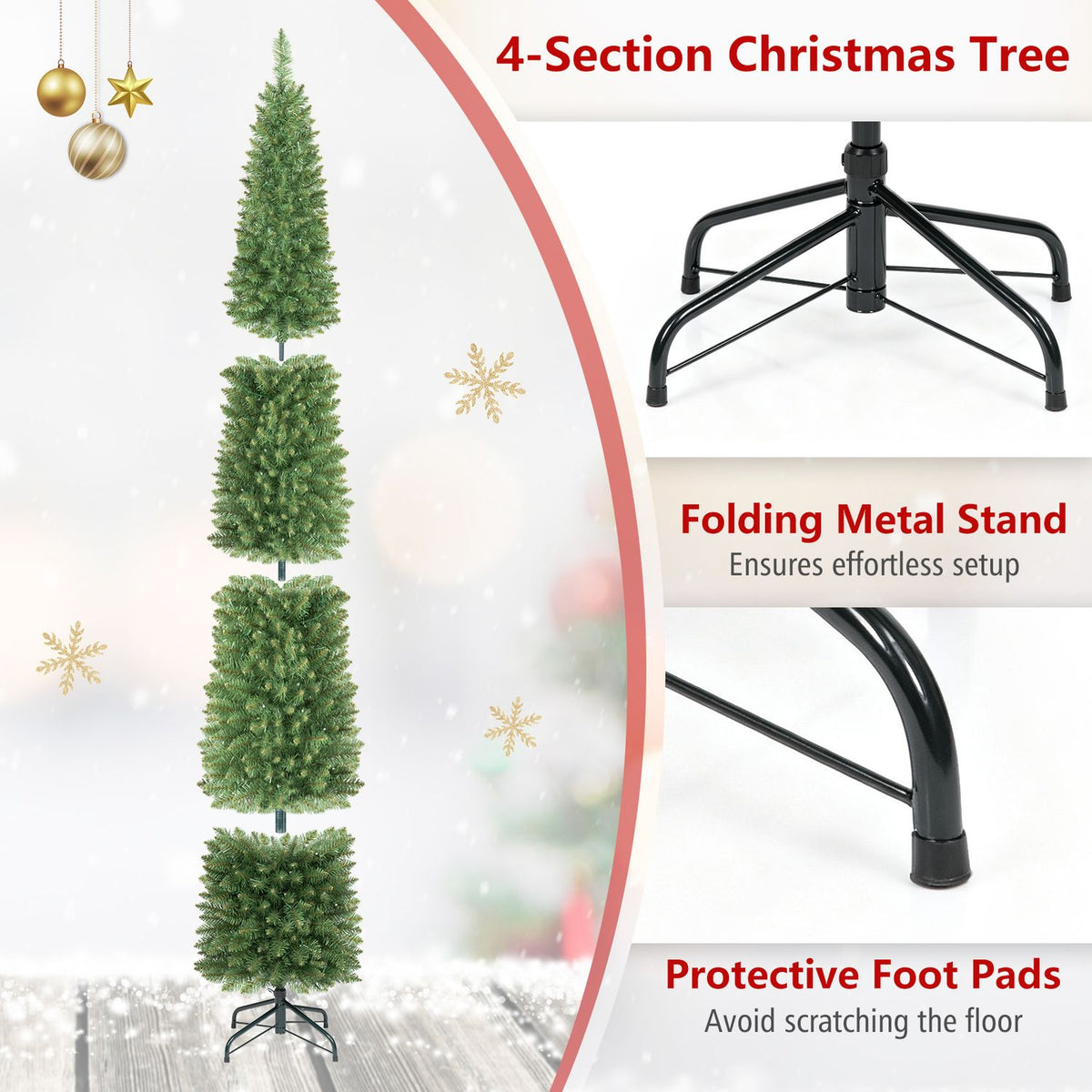 9 Feet Pre-lit Pencil Artificial Christmas Tree with 1032 Full Branch Tips