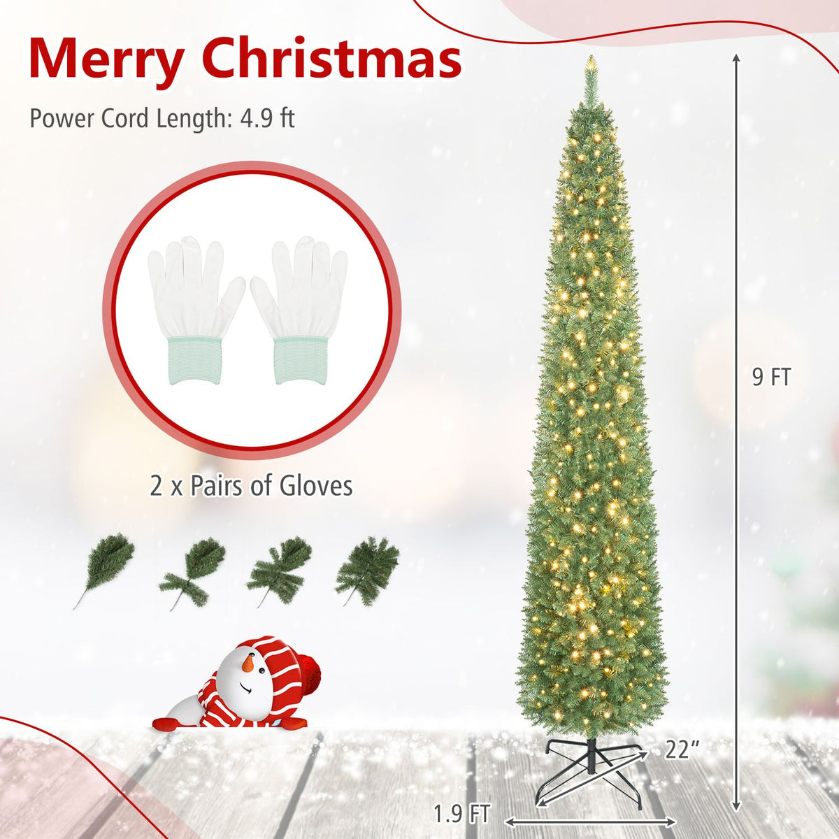 9 Feet Pre-lit Pencil Artificial Christmas Tree with 1032 Full Branch Tips