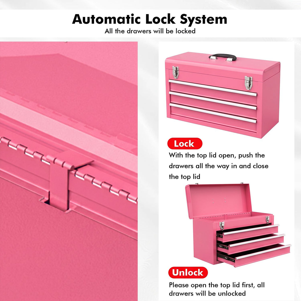 Portable Garage Mechanic Tool Cabinet Box with 3 Drawers-Pink