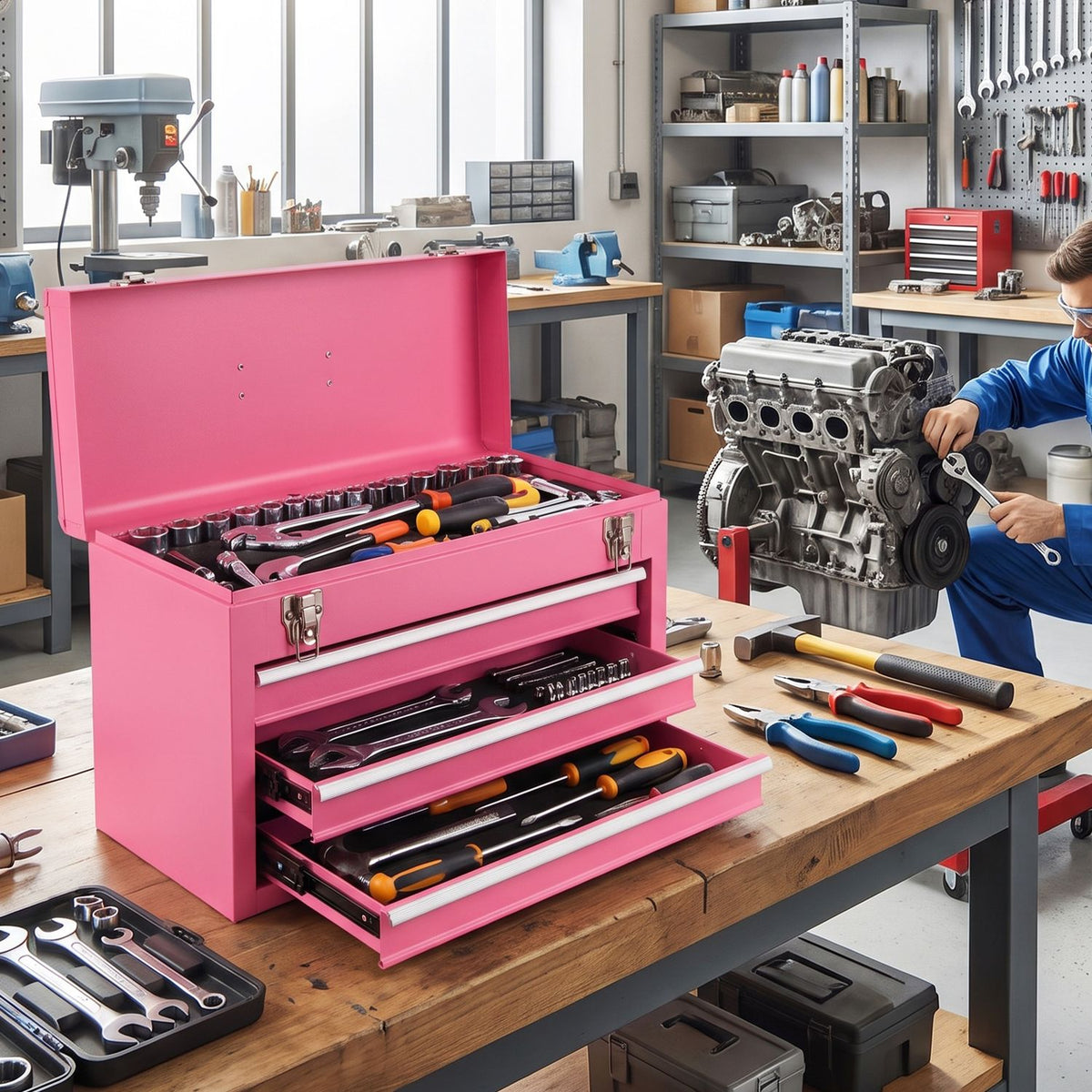 Portable Garage Mechanic Tool Cabinet Box with 3 Drawers-Pink