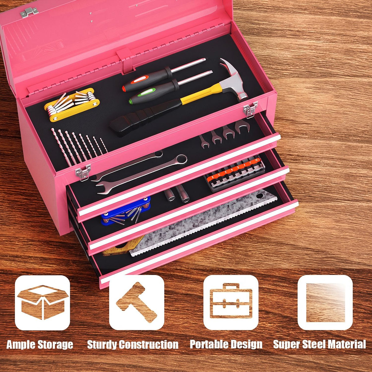 Portable Garage Mechanic Tool Cabinet Box with 3 Drawers-Pink