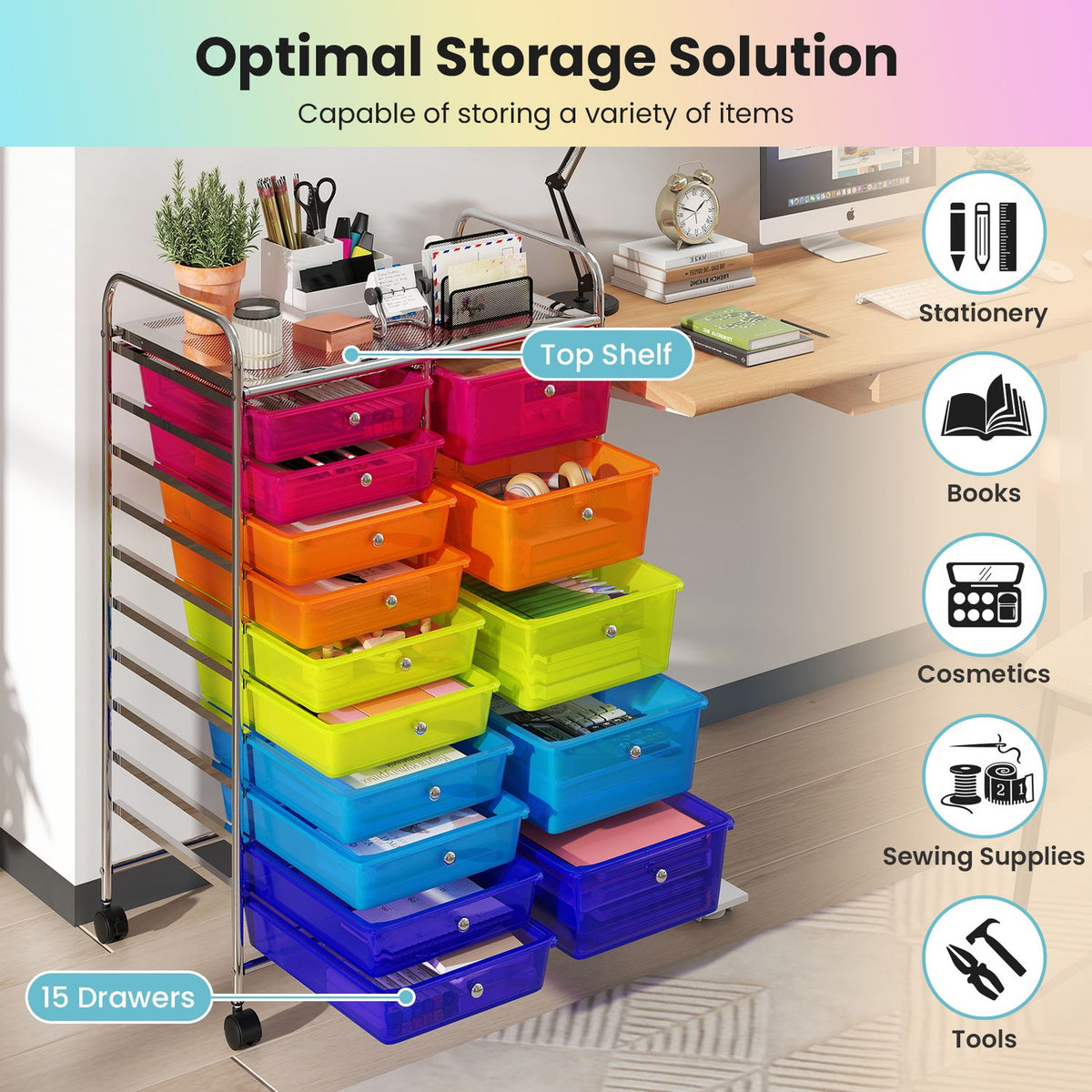 Rolling Storage Cart 15-Drawer Trolley with Chrome Plated Metal Frame