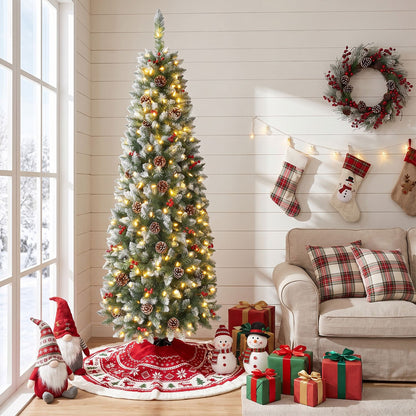 6FT Frosted Pencil Fir Christmas Tree with Branch Tips Pine Cones Red Berry Clusters