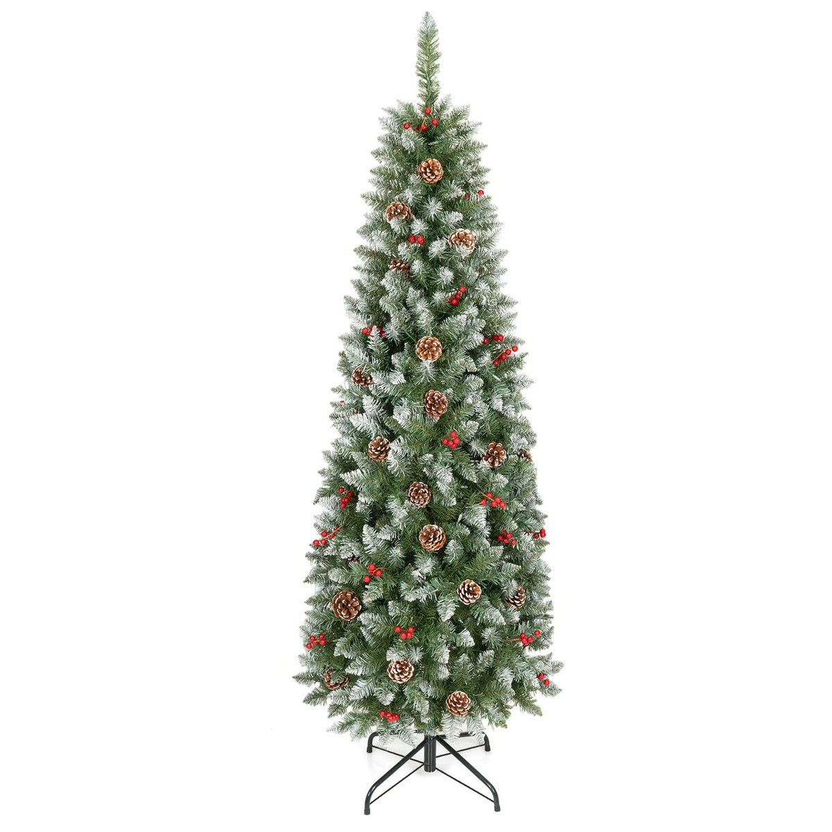 6FT Frosted Pencil Fir Christmas Tree with Branch Tips Pine Cones Red Berry Clusters