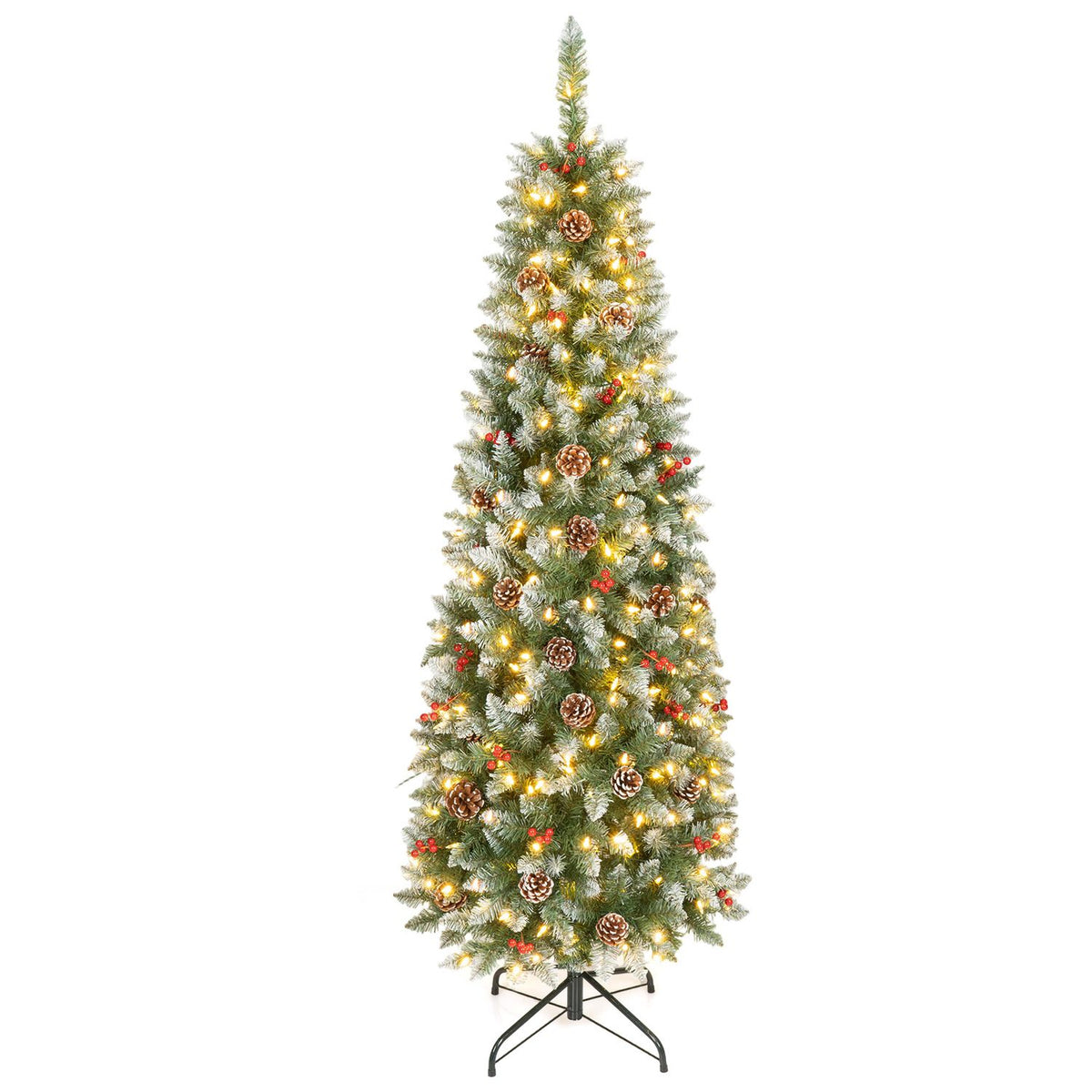 6FT Frosted Pencil Fir Christmas Tree with Branch Tips Pine Cones Red Berry Clusters