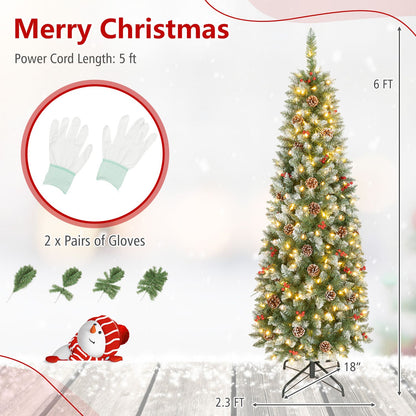 6FT Frosted Pencil Fir Christmas Tree with Branch Tips Pine Cones Red Berry Clusters