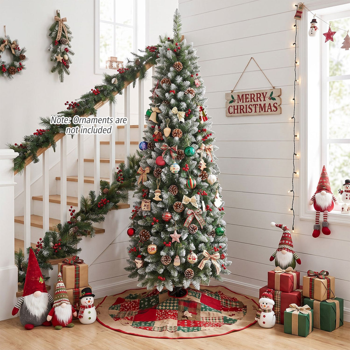 6FT Frosted Pencil Fir Christmas Tree with Branch Tips Pine Cones Red Berry Clusters