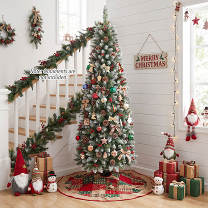 6FT Frosted Pencil Fir Christmas Tree with Branch Tips Pine Cones Red Berry Clusters