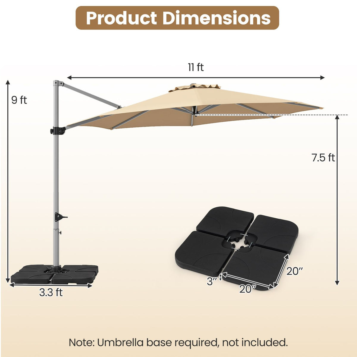 Outdoor Offset Umbrella Set with 11 FT Cantilever Patio Umbrella and Heavy-Duty 4-Piece Base