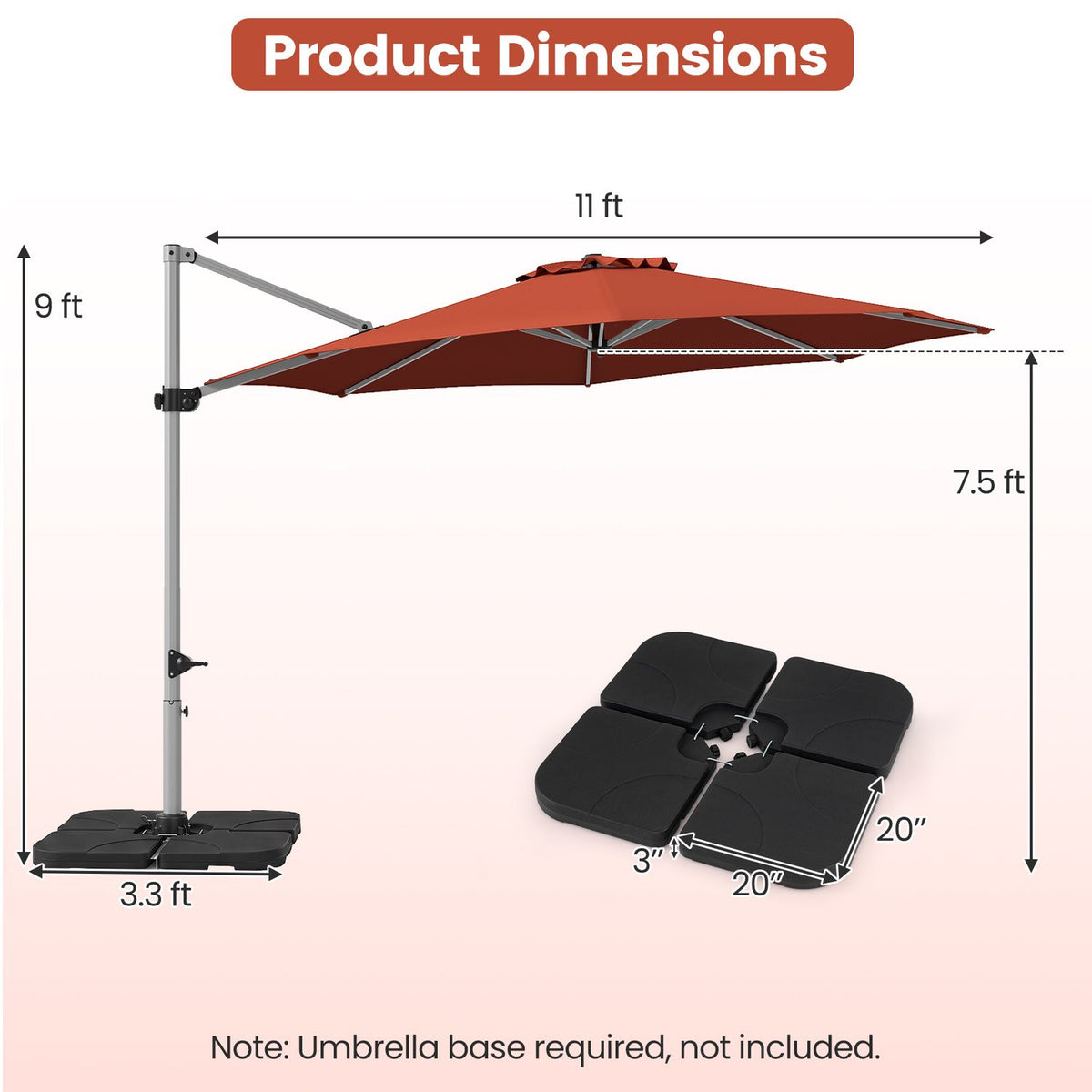 Outdoor Offset Umbrella Set with 11 FT Cantilever Patio Umbrella and Heavy-Duty 4-Piece Base