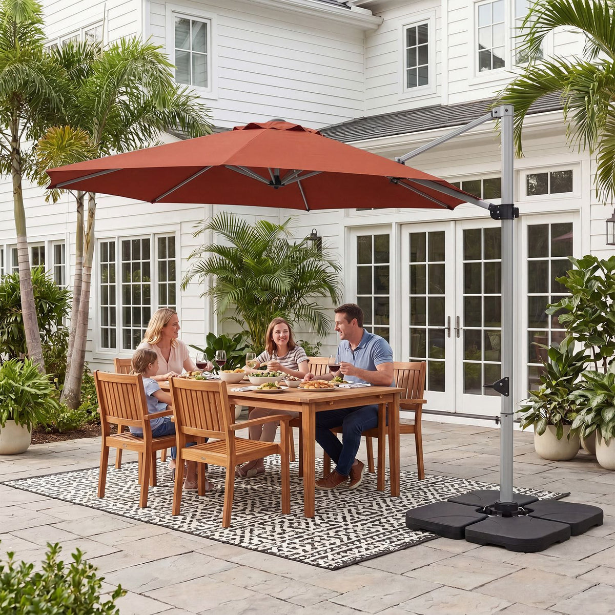 Outdoor Offset Umbrella Set with 11 FT Cantilever Patio Umbrella and Heavy-Duty 4-Piece Base