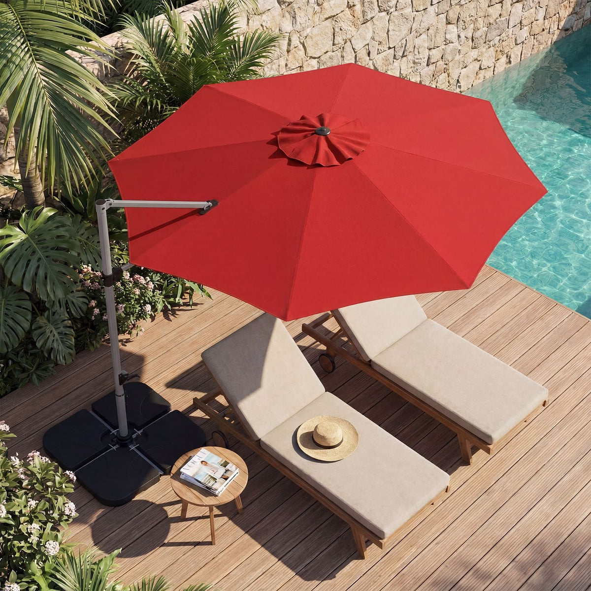 Outdoor Offset Umbrella Set with 11 FT Cantilever Patio Umbrella and Heavy-Duty 4-Piece Base