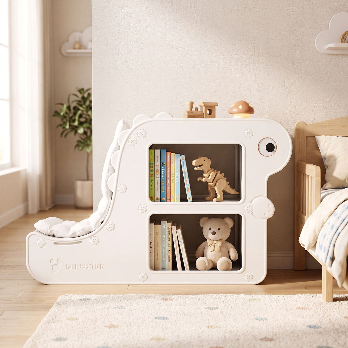 2-in-1 Kids Bookshelf with Padded Cushion and Open Cubbies