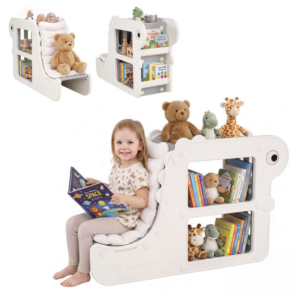 2-in-1 Kids Bookshelf with Padded Cushion and Open Cubbies