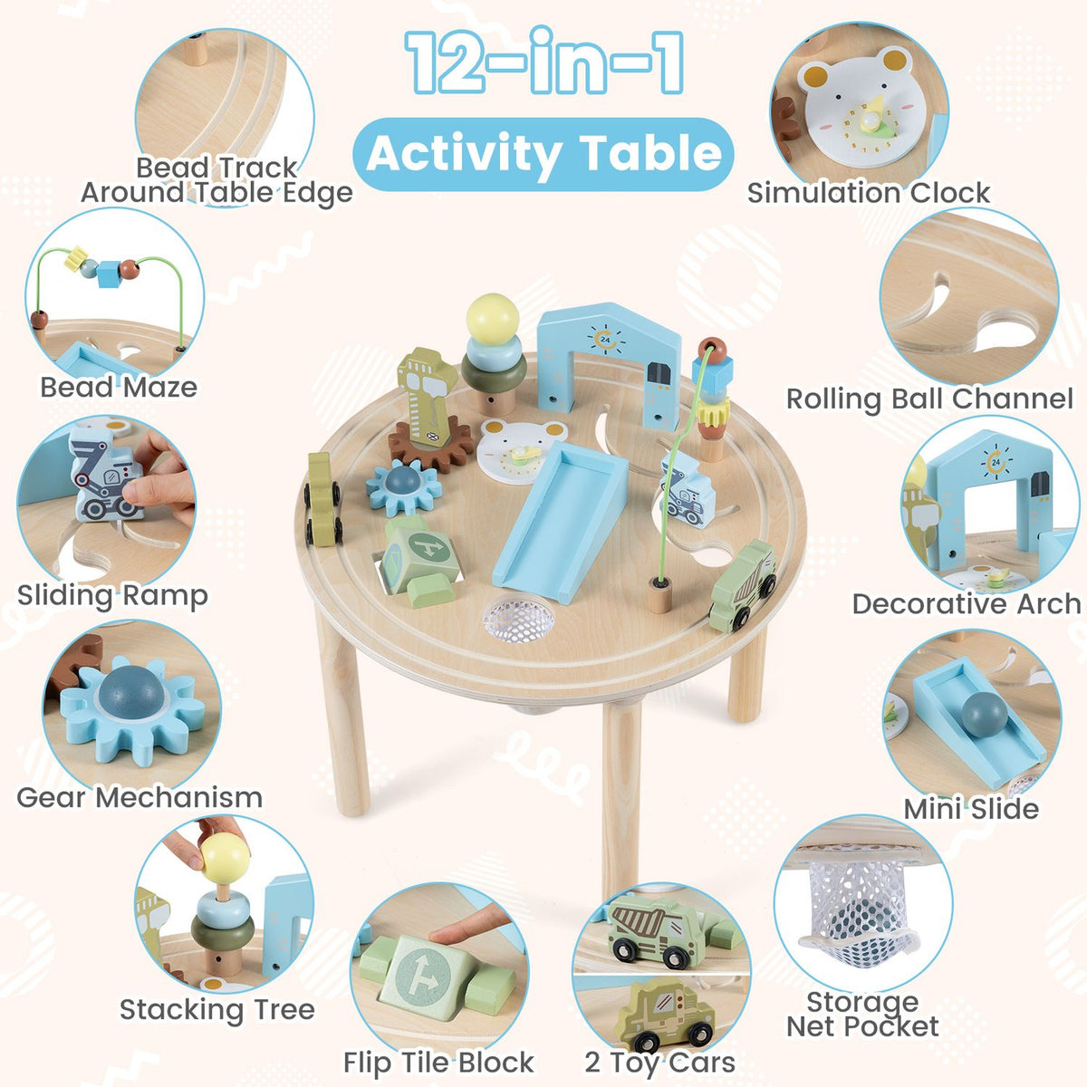 12-in-1 Wooden Montessori Activity Table for Toddlers 1-3-Natural