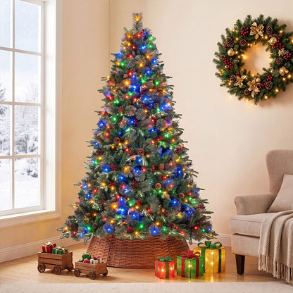 7 FT Christmas Tree and 36” Rattan Tree Collar Set with Wicker Tree Ring and 1198 Branch Tips