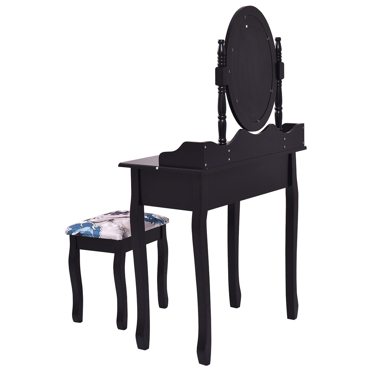Wooded Vanity Table Set with Oval Mirror and Rotating Mirror-Black