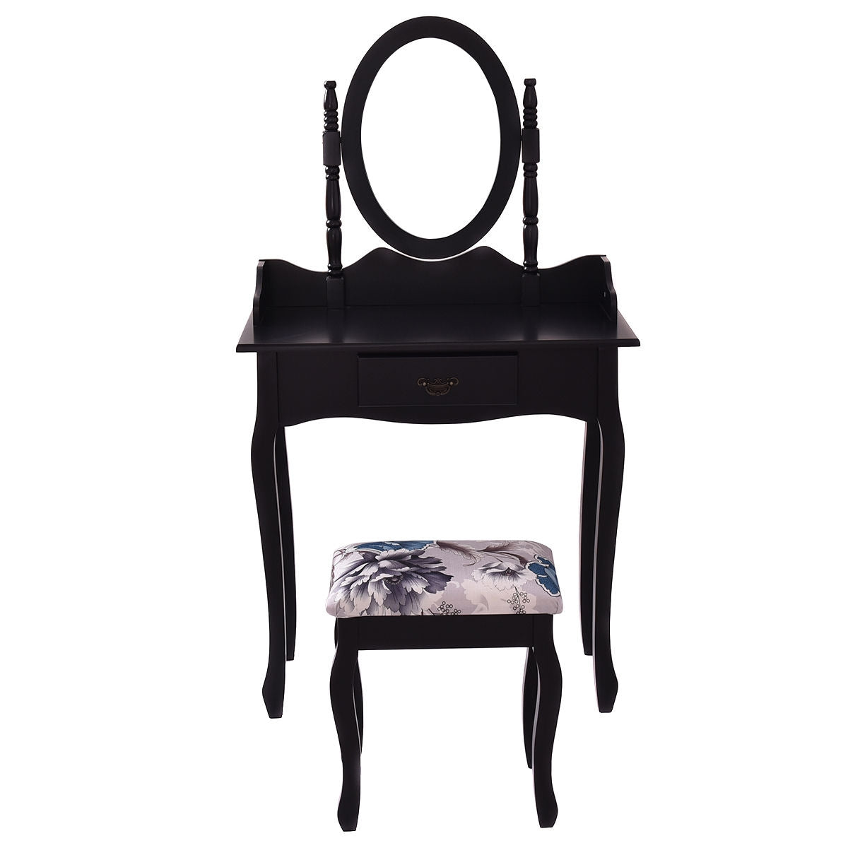 Wooded Vanity Table Set with Oval Mirror and Rotating Mirror-Black