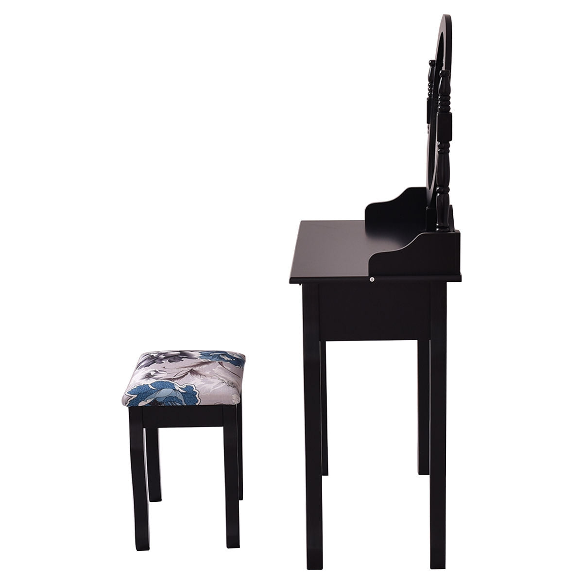Wooded Vanity Table Set with Oval Mirror and Rotating Mirror-Black