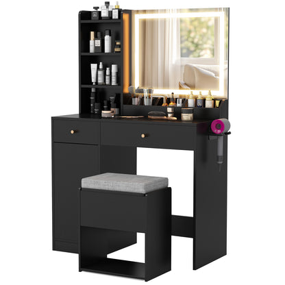 Vanity Dressing Table and Chair Set with Mirror and Lights-Black - Black