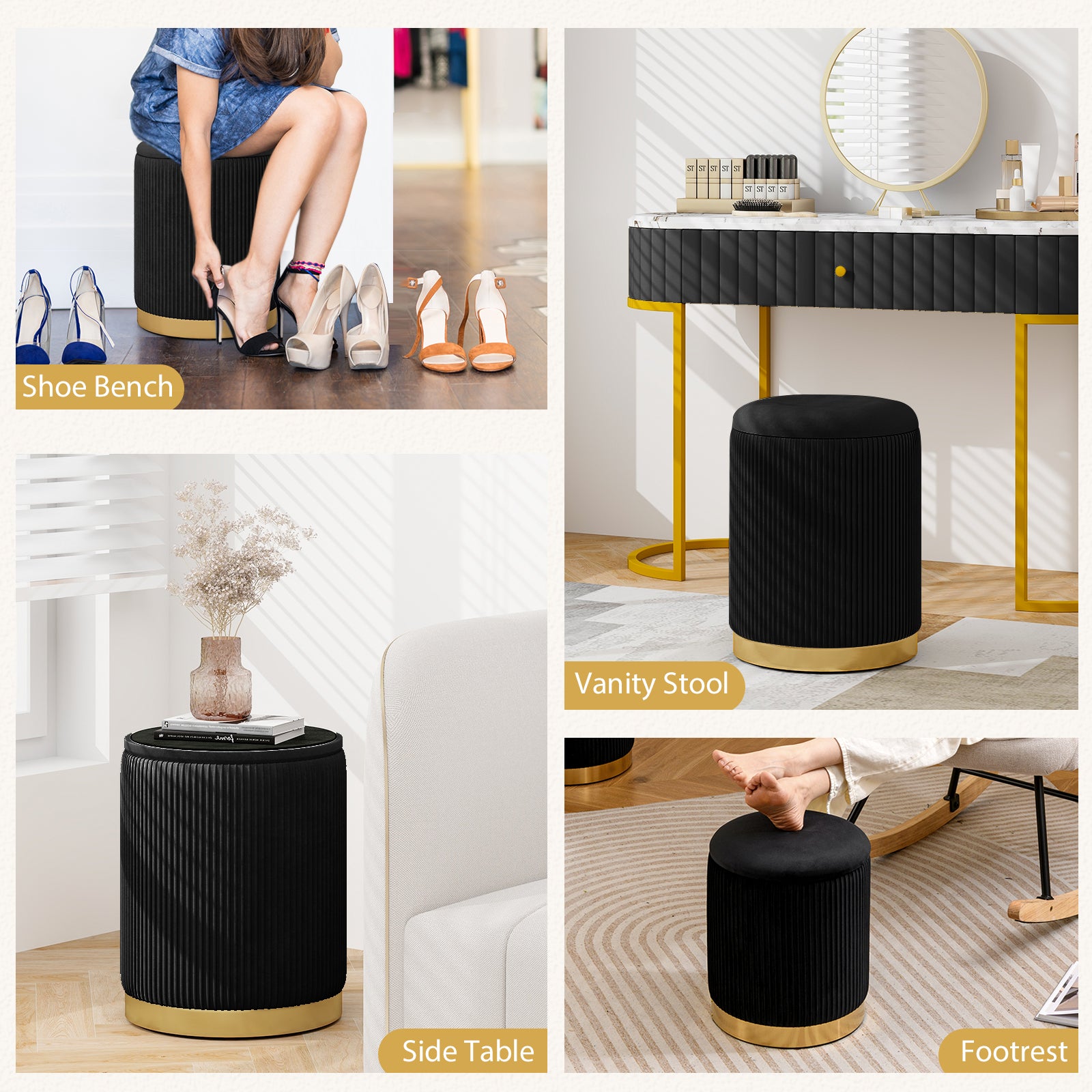 Velvet/Linen Fabric Storage Ottoman Set of 2-Black