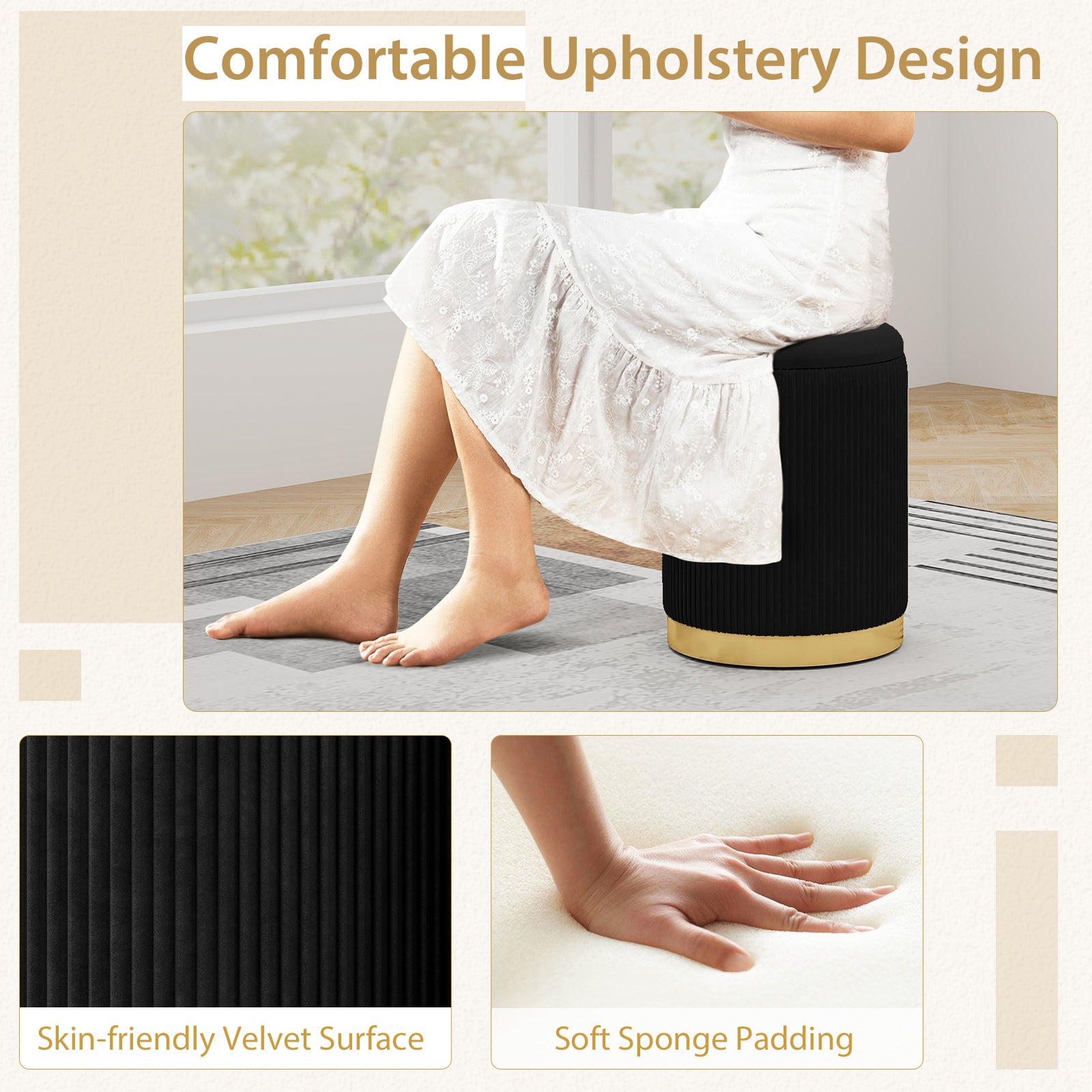 Velvet/Linen Fabric Storage Ottoman Set of 2-Black