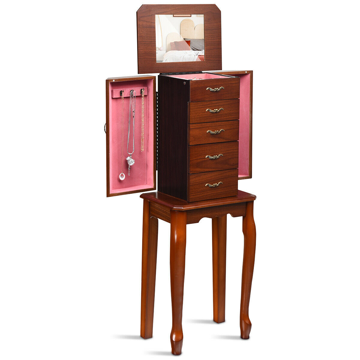 Large Storage Capacity Jewelry Cabinet with 5 Drawers-Walnut