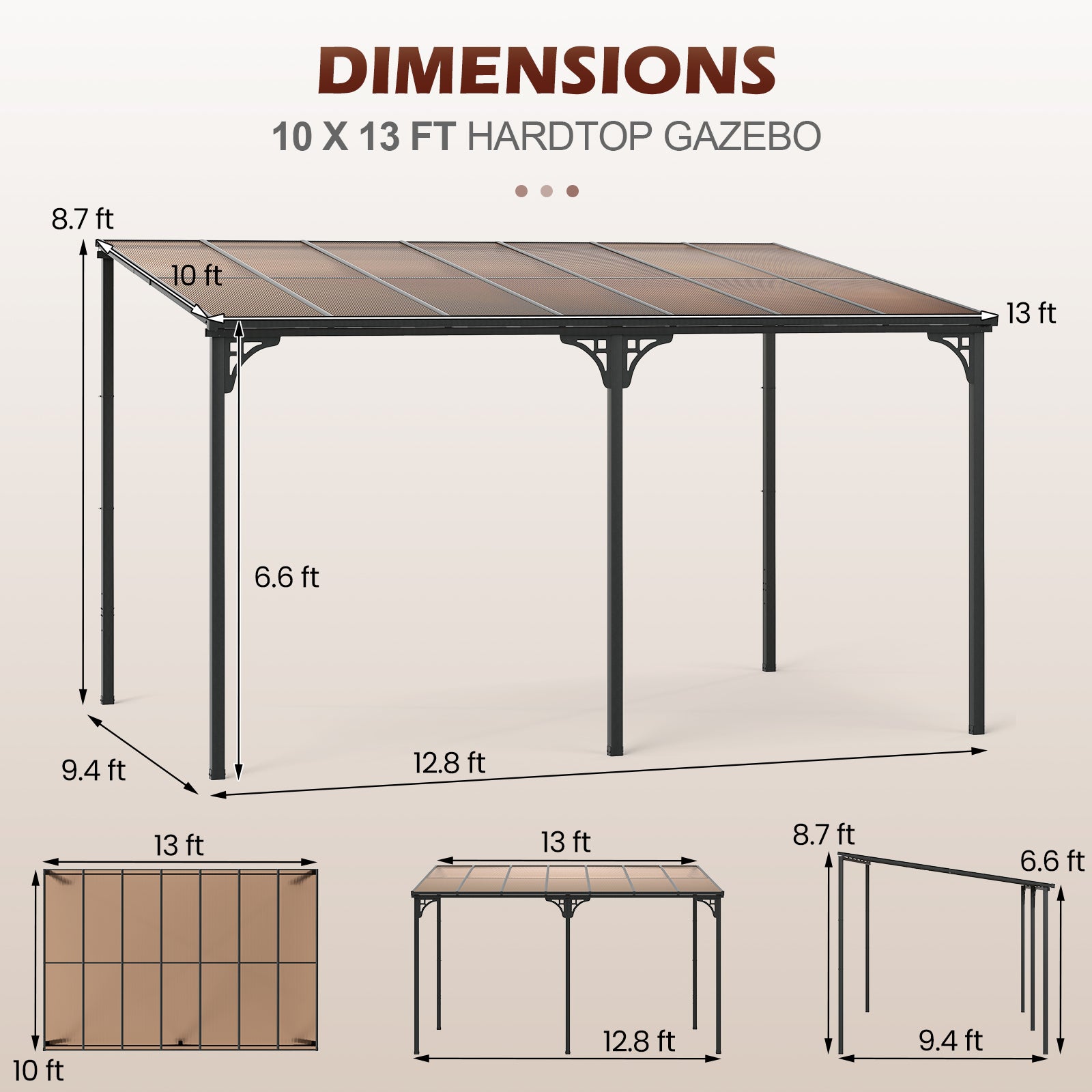 Wall-Mounted Patio Gazebo Large Outdoor Hardtop Pergola with Sloped Polycarbonate Roof-Black